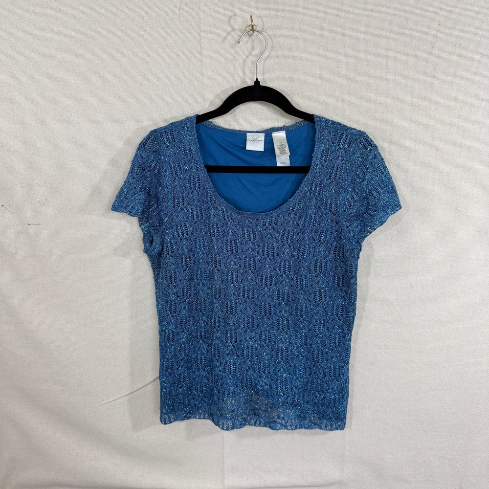 Emma James Womens Blue Metallic Knit Short Sleeve Crochet Top Size M